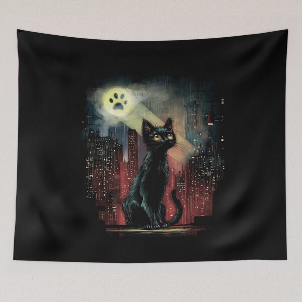 Item preview, Black Cat Paw Signal Rooftop Rainy City Night Design designed and sold by gritgraphas.