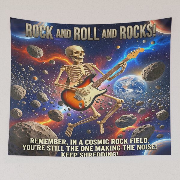 Item preview, Funny Image of Retro Cosmic Skeleton Guitarist in Space | ROCK AND ROLL AND ROCKS Pun inspirational Art. designed and sold by Giulivo Store Graphic.