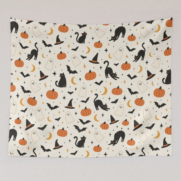 Item preview, Minimalist Halloween Cats Ghosts & Pumpkins Pattern designed and sold by VibnWalls.