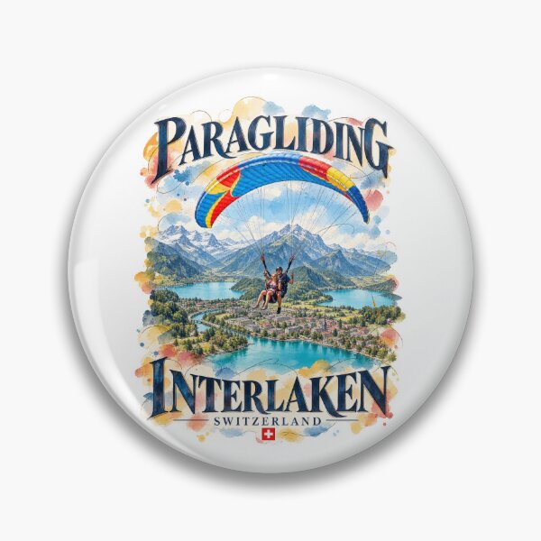 Item preview, Paragliding Over Interlaken, Switzerland — Ink and Watercolor Travel Poster designed and sold by Russell Thorne.