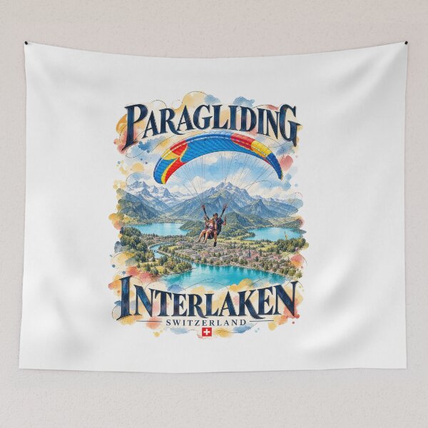 Item preview, Paragliding Over Interlaken, Switzerland — Ink and Watercolor Travel Poster designed and sold by Russell Thorne.