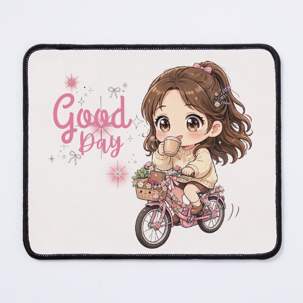 Item preview, Good Day - Cute Kawaii Girl on Pink Floral Bicycle designed and sold by CRAFT-ID.