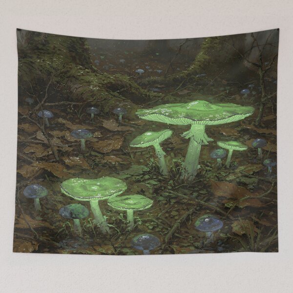 Item preview, Glowing Green Mushrooms in a Dark Forest – Magical Cottagecore Fungi Art designed and sold by cr6zym1nd.