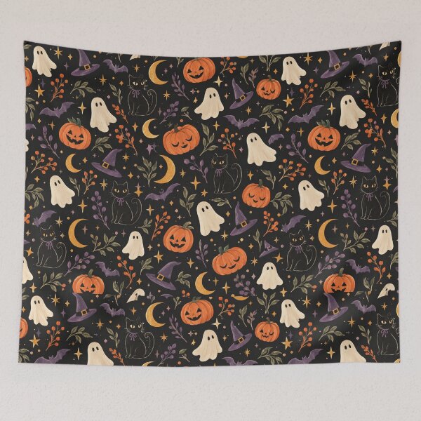 Item preview, Whimsical Witchy Halloween Cats & Ghosts Pattern designed and sold by VibnWalls.