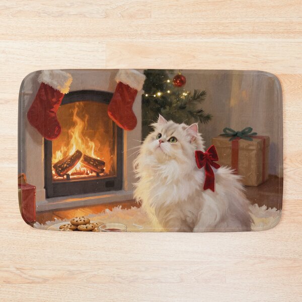 Item preview, Persian Cat Christmas by the Fireplace – Fluffy White Persian Cat Holiday Art designed and sold by cr6zym1nd.
