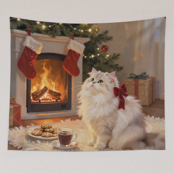 Item preview, Persian Cat Christmas by the Fireplace – Fluffy White Persian Cat Holiday Art designed and sold by cr6zym1nd.