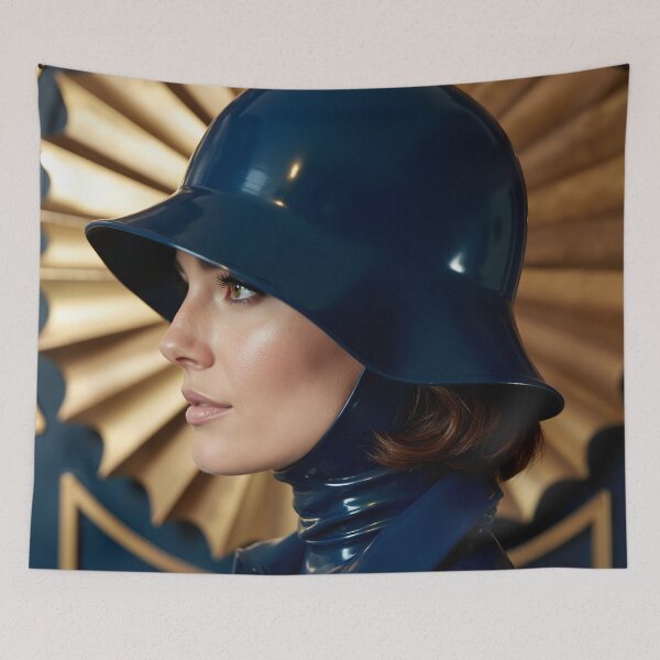 Item preview, Navy Latex Coat & Cloche – Golden Sunburst Art designed and sold by Magic-Reality.