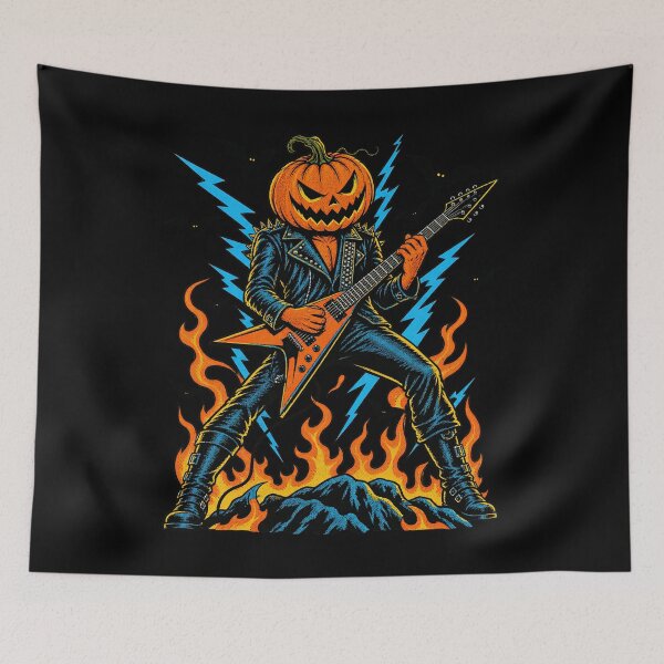 Item preview, Pumpkin Head Rock Guitarist Lightning Flying V Solo Artwork designed and sold by Felinefinesse.