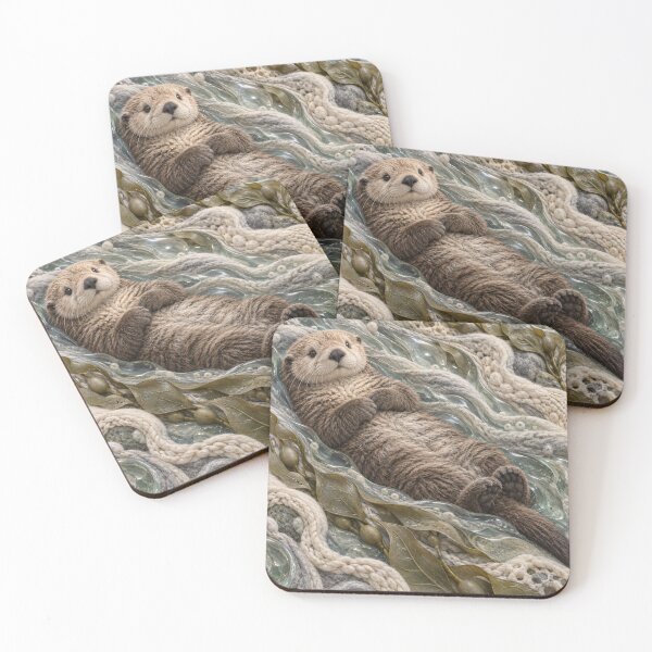 Item preview, Cozy Sea Otter in Glass Ocean Waves – Whimsical Textile Wildlife Art Print designed and sold by Kaleidoscope Print.