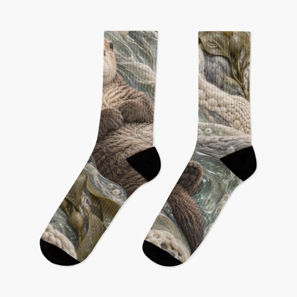 Item preview, Cozy Sea Otter in Glass Ocean Waves – Whimsical Textile Wildlife Art Print designed and sold by Kaleidoscope Print.