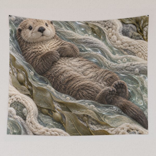 Item preview, Cozy Sea Otter in Glass Ocean Waves – Whimsical Textile Wildlife Art Print designed and sold by Kaleidoscope Print.