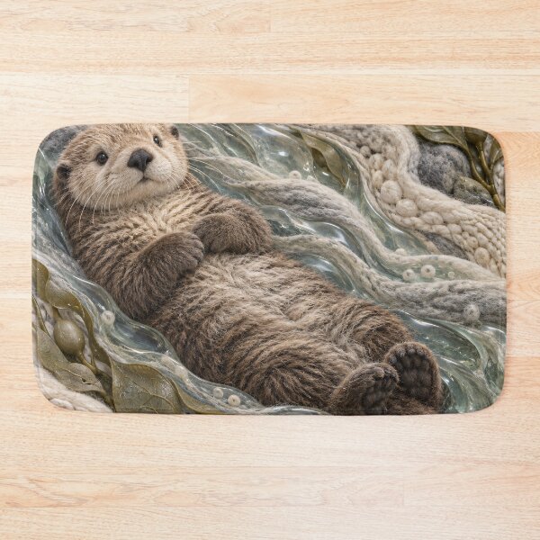Item preview, Cozy Sea Otter in Glass Ocean Waves – Whimsical Textile Wildlife Art Print designed and sold by Kaleidoscope Print.