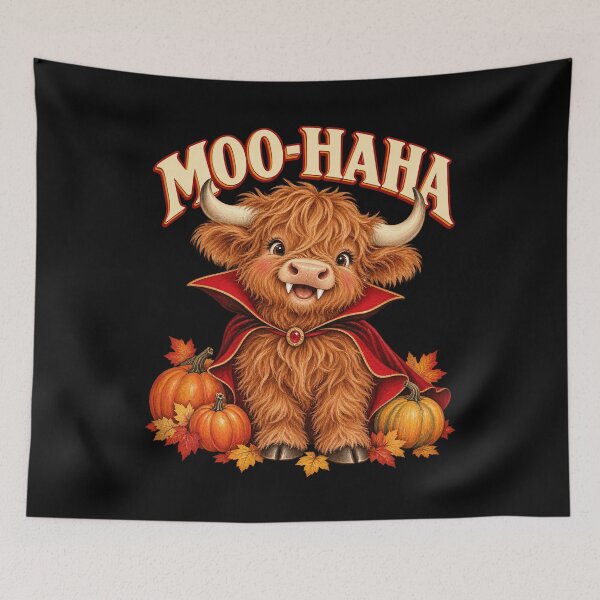 Item preview, Moo Haha Fluffy Vampire Highland Cow Pumpkins Farm Artwork designed and sold by Felinefinesse.