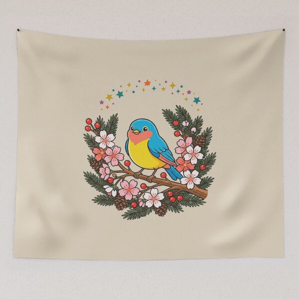Item preview, Vibrant Blue Songbird Flowering Pine Branch Nature designed and sold by Fine-Arts-Lab.