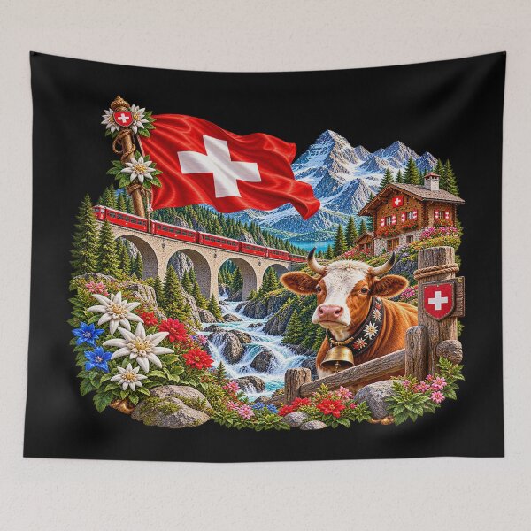 Item preview, Swiss Alpine Panorama – Cow and Mountain Train designed and sold by TroviTutto.