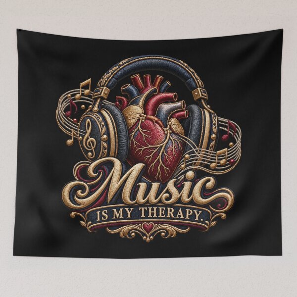 Item preview, Music Is My Therapy Quote – Embroidered Headphones and Vinyl Record Design designed and sold by Emoji Emblems.