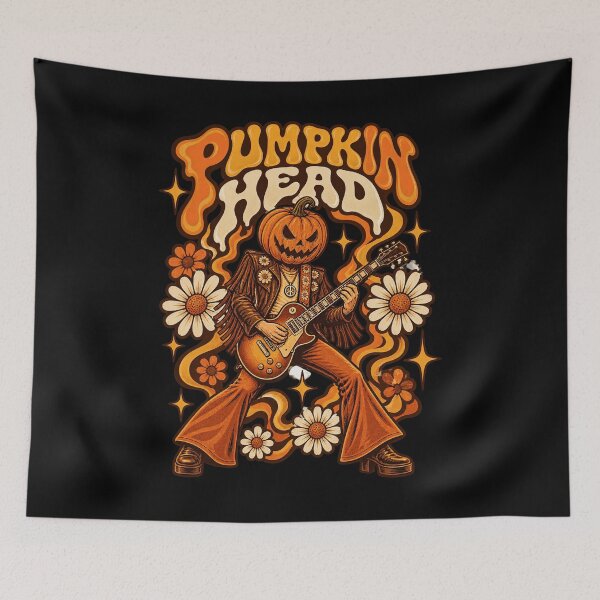 Item preview, Pumpkin Head Rock Guitarist 70s Groovy Bellbottoms Artwork designed and sold by Aqouiatiqe.