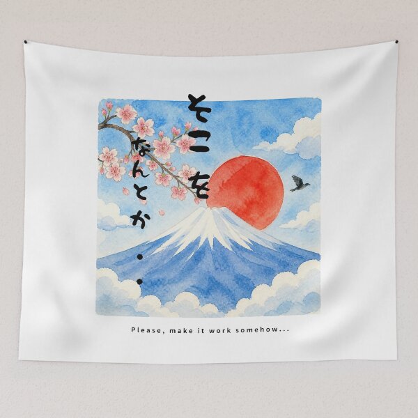 Item preview, Soko wo Nantoka - Please Work With Me | Watercolor Mount Fuji & Red Sun | Japanese Design designed and sold by JapanMemoir.