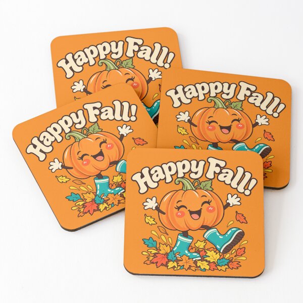 Item preview, Happy fall pumpkin character jumping in autumn leaves designed and sold by Rue Design Company.