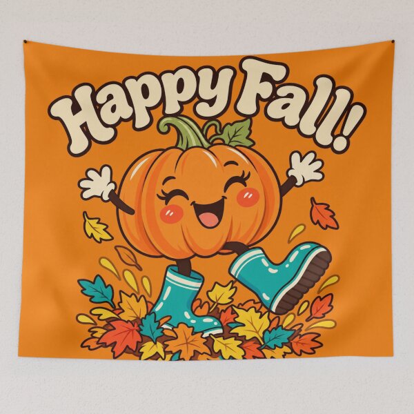 Item preview, Happy fall pumpkin character jumping in autumn leaves designed and sold by Rue Design Company.