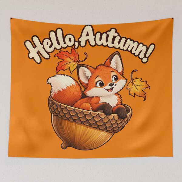 Item preview, Cute red fox in acorn saying Hello, Autumn designed and sold by Rue Design Company.