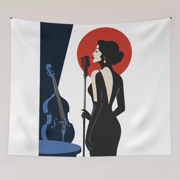Item preview, Vintage Jazz Vocalist Art | Art Deco Jazz Singer & Blue Double Bass | Retro Music Illustration | Mid Century Modern Print designed and sold by Studio pod Burom.