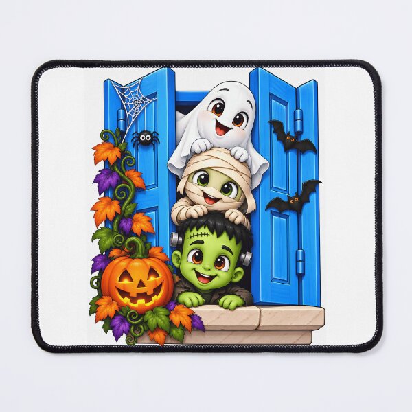 Item preview, Cute Halloween Ghost Mummy Frankenstein Pumpkin Blue Window designed and sold by ArtSpark Studio.