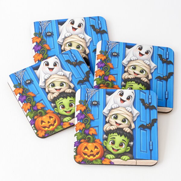 Item preview, Cute Halloween Ghost Mummy Frankenstein Pumpkin Blue Window designed and sold by ArtSpark Studio.