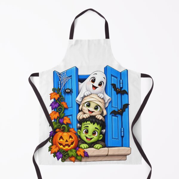 Item preview, Cute Halloween Ghost Mummy Frankenstein Pumpkin Blue Window designed and sold by ArtSpark Studio.