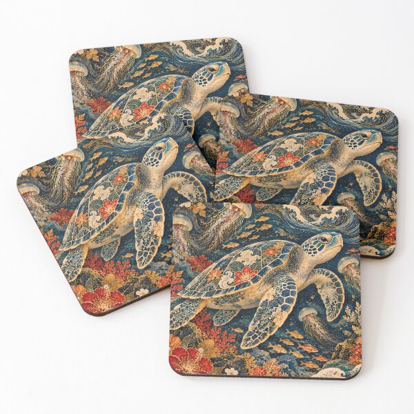 Item preview, Maximalist Japanese Wave Sea Turtle Floral Ukiyo-e designed and sold by Jozefin's Studio.