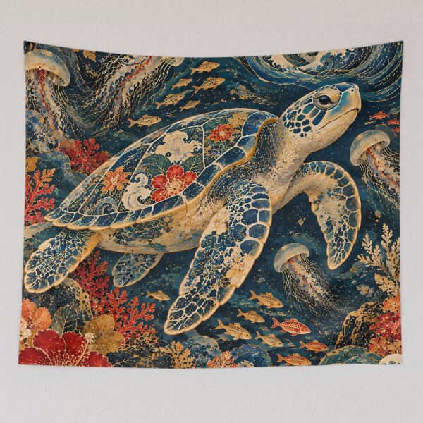 Item preview, Maximalist Japanese Wave Sea Turtle Floral Ukiyo-e designed and sold by Jozefin's Studio.