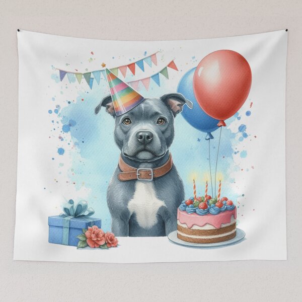 Item preview, Blue Staffy Puppy Celebrating a Happy Birthday Colorful Watercolor designed and sold by MaedK.
