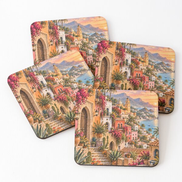 Item preview, Maximalist Mediterranean Coastal Village Oil Painting Sunset designed and sold by Jozefin's Studio.