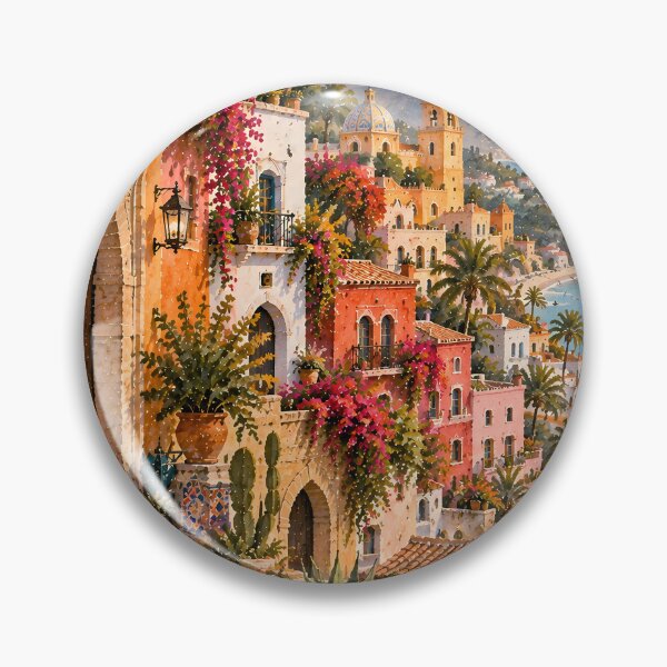 Item preview, Maximalist Mediterranean Coastal Village Oil Painting Sunset designed and sold by Jozefin's Studio.