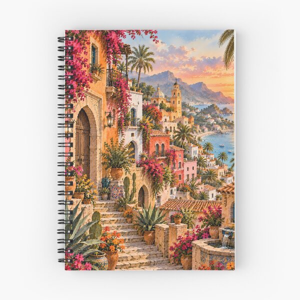 Item preview, Maximalist Mediterranean Coastal Village Oil Painting Sunset designed and sold by Jozefin's Studio.