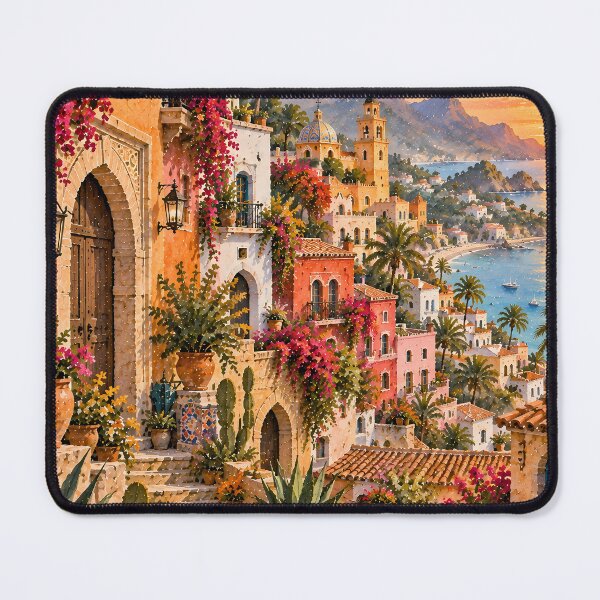 Item preview, Maximalist Mediterranean Coastal Village Oil Painting Sunset designed and sold by Jozefin's Studio.