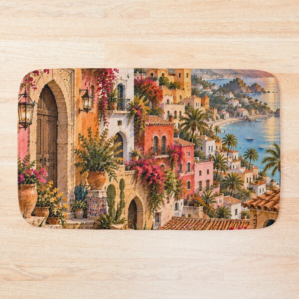 Item preview, Maximalist Mediterranean Coastal Village Oil Painting Sunset designed and sold by Jozefin's Studio.
