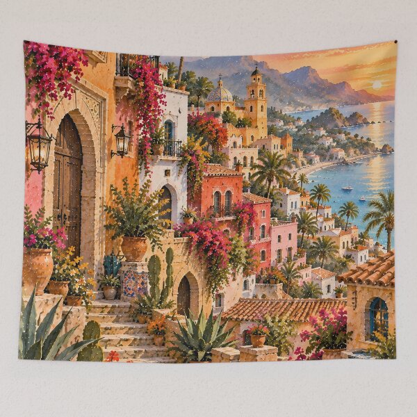 Item preview, Maximalist Mediterranean Coastal Village Oil Painting Sunset designed and sold by Jozefin's Studio.