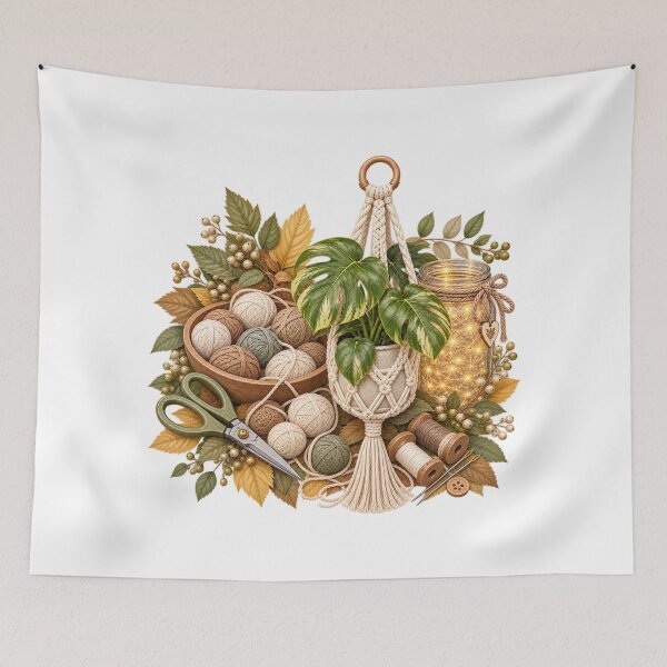 Item preview, Autumn macramé with balls of yarn and leaves designed and sold by creationsforyu.