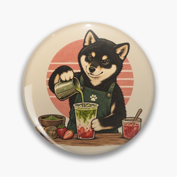 Item preview, Black Shiba Inu Barista – Strawberry Matcha Latte Retro Illustration designed and sold by Jasardpu.