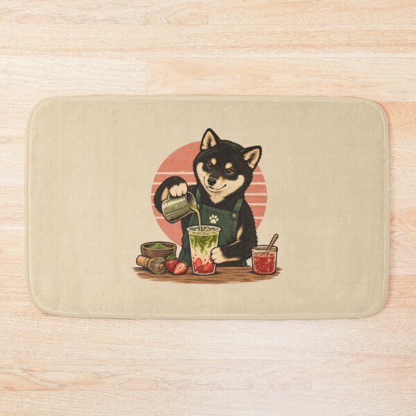 Item preview, Black Shiba Inu Barista – Strawberry Matcha Latte Retro Illustration designed and sold by Jasardpu.