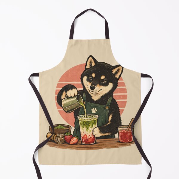 Item preview, Black Shiba Inu Barista – Strawberry Matcha Latte Retro Illustration designed and sold by Jasardpu.