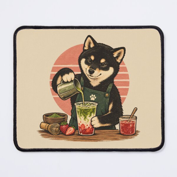 Item preview, Black Shiba Inu Barista – Strawberry Matcha Latte Retro Illustration designed and sold by Jasardpu.