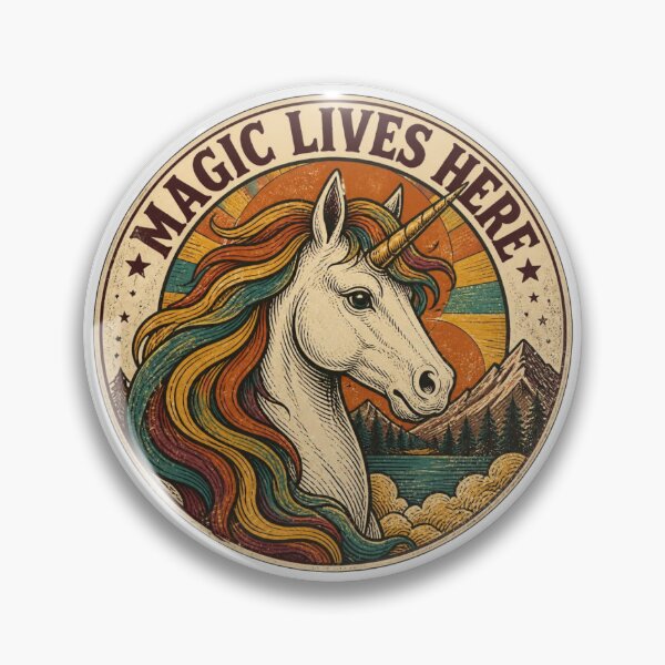Item preview, Magic Lives Here Retro Vintage Unicorn Badge Rainbow Mane Sticker designed and sold by Coco Zone .