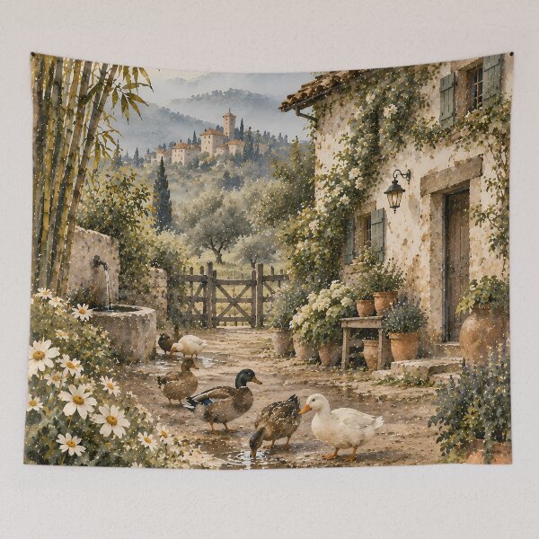 Item preview, Cottagecore Tuscan Village Ducks Watercolour Painting designed and sold by Jozefin's Studio.
