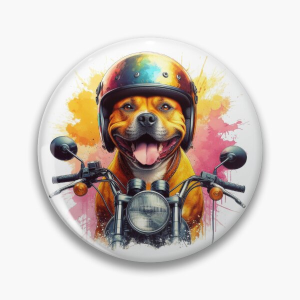 Item preview, Cool Happy Golden Staffy on a Motorbike Colorful Watercolor Portrait designed and sold by MaedK.