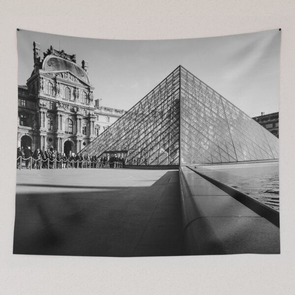 Item preview, The Louvre Pyramid, Louvre Museum Paris, France landscape black and white photograph designed and sold by Astrid Arkhangelsky.