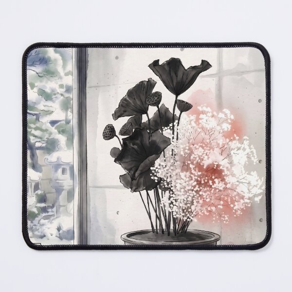 Item preview, Sumi-e Black Lotus Baby's Breath Ikebana Art designed and sold by conohitoAI-ArtGallery.