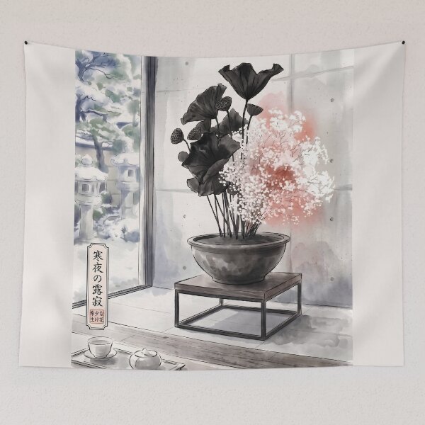 Item preview, Sumi-e Black Lotus Baby's Breath Ikebana Art designed and sold by conohitoAI-ArtGallery.
