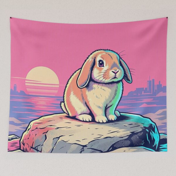 Item preview, Neon Holland Lop Bunny – Retro Sunset City Illustration  designed and sold by Dogandesighn.